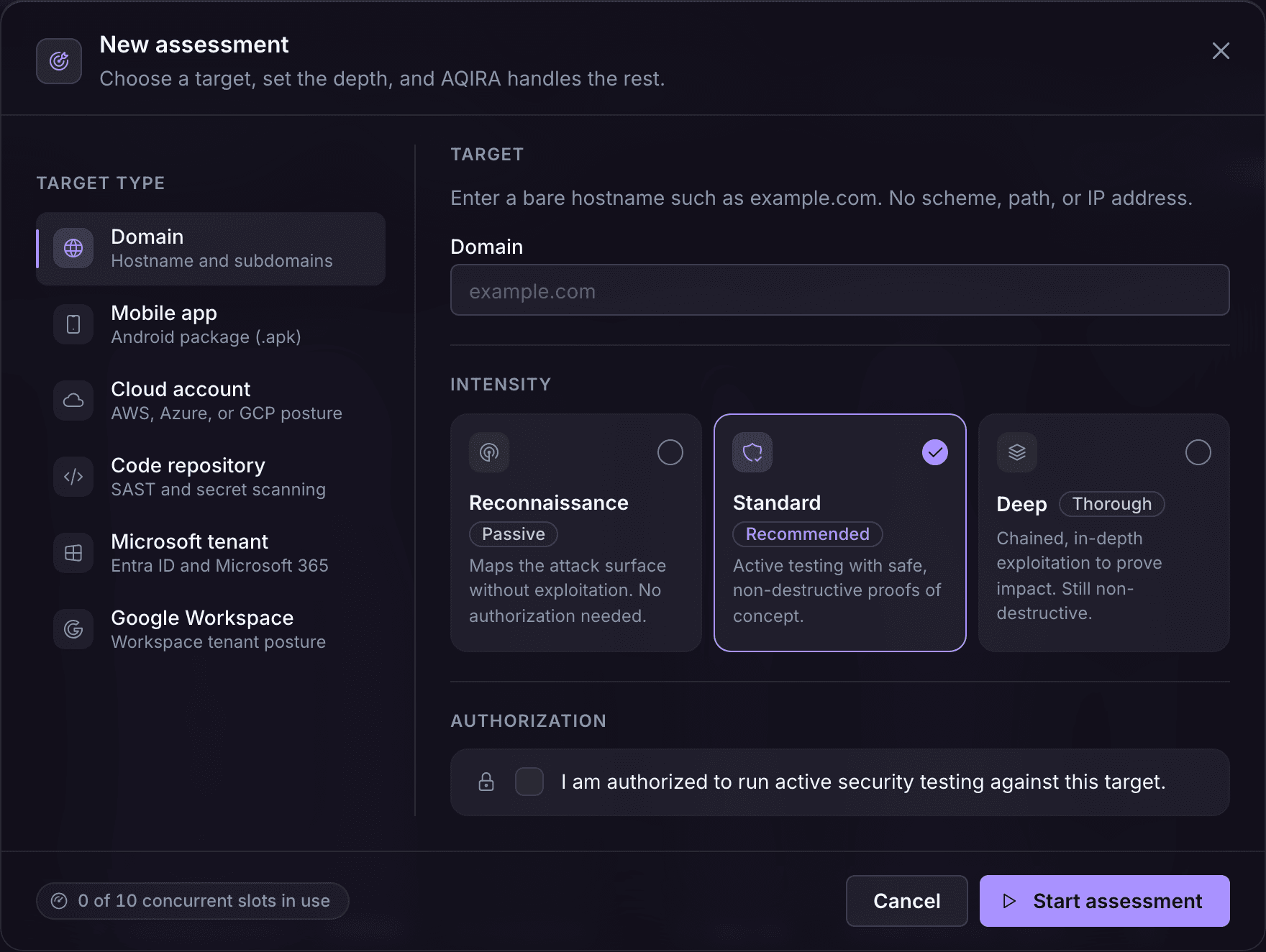 AQIRA's New assessment dialog with Domain selected: a hostname field, the three intensities from passive reconnaissance to deep, and the authorisation checkbox.