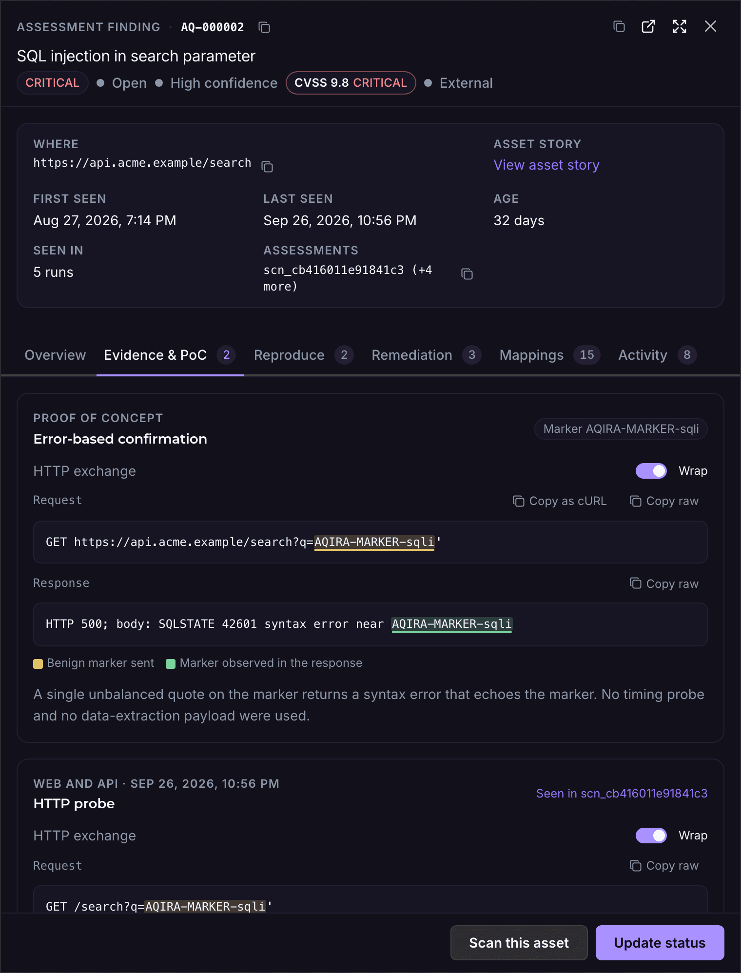 An AQIRA finding for SQL injection, on Evidence and PoC: CVSS 9.8, the request carrying a benign marker and the error response that echoes it.