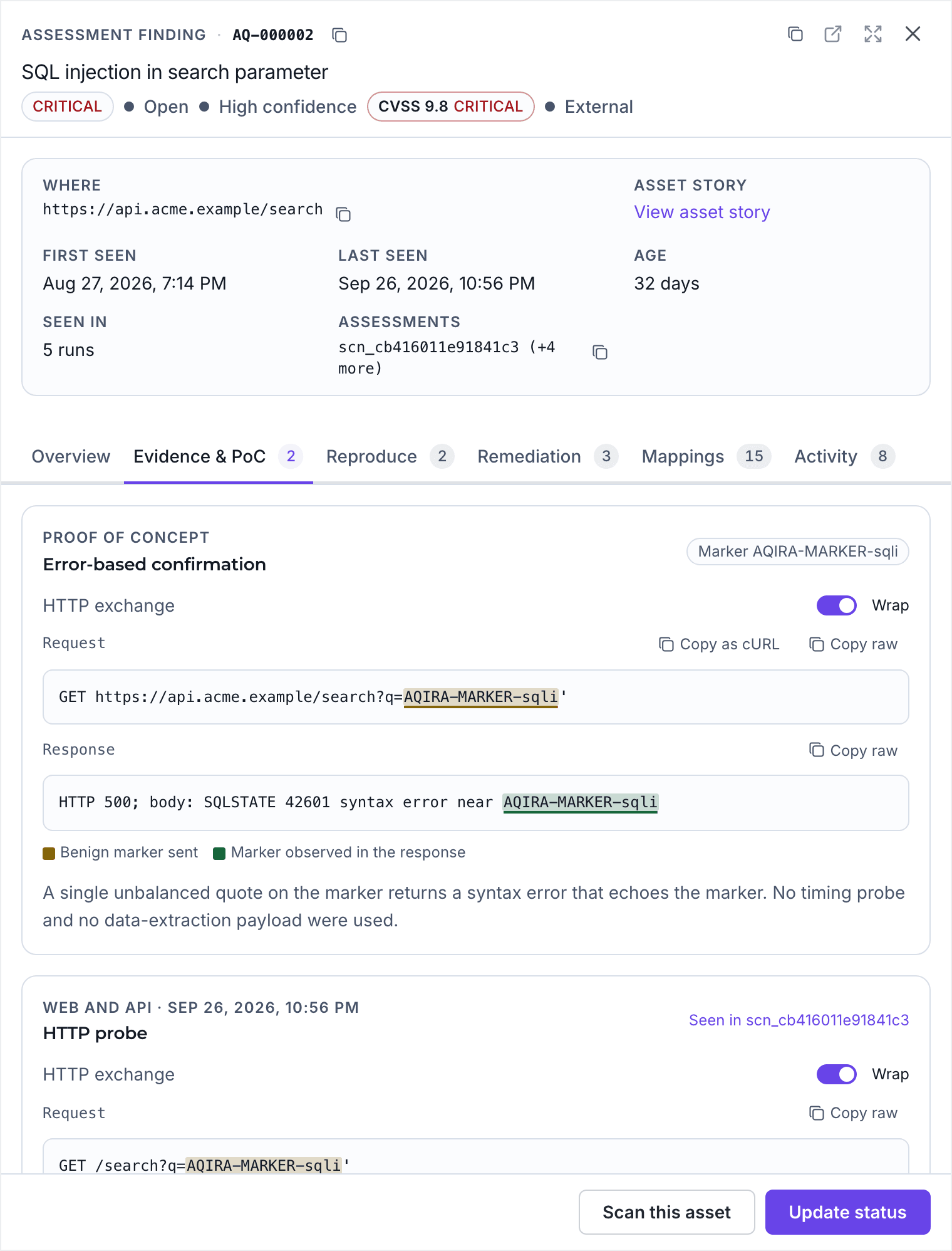 An AQIRA finding for SQL injection, on Evidence and PoC: CVSS 9.8, the request carrying a benign marker and the error response that echoes it.