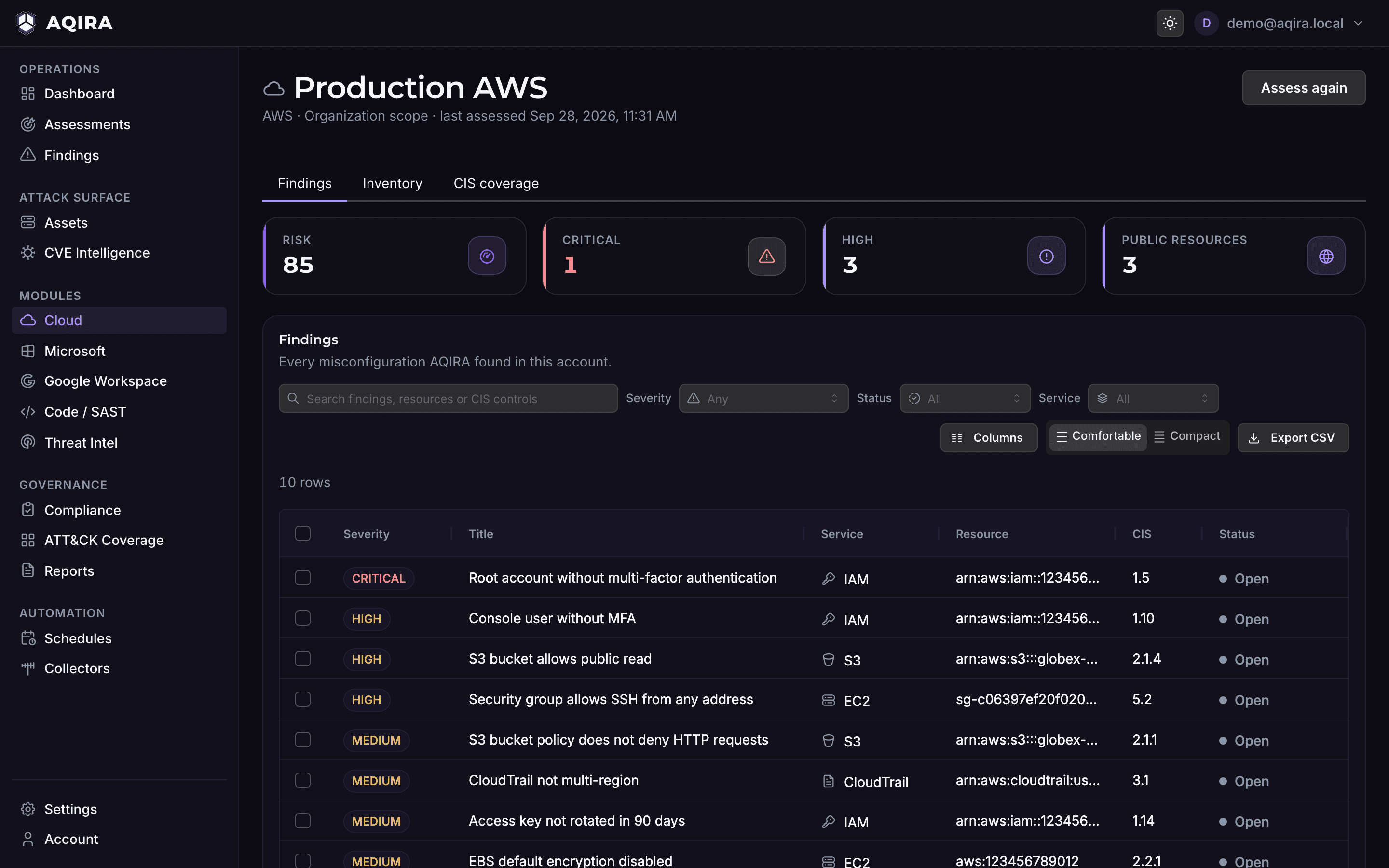The AQIRA Cloud module for a production AWS account: risk, public resources and misconfiguration findings by service, with CIS coverage.