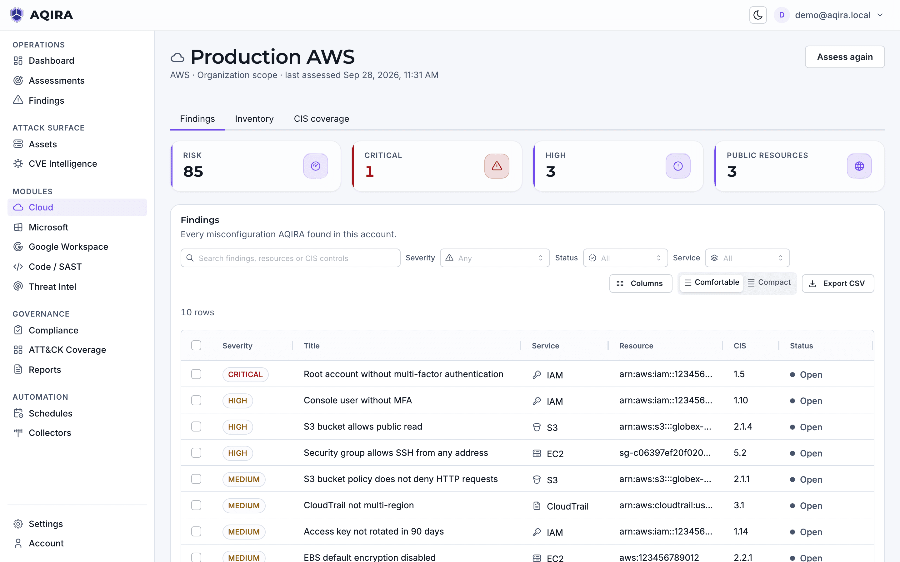 The AQIRA Cloud module for a production AWS account: risk, public resources and misconfiguration findings by service, with CIS coverage.