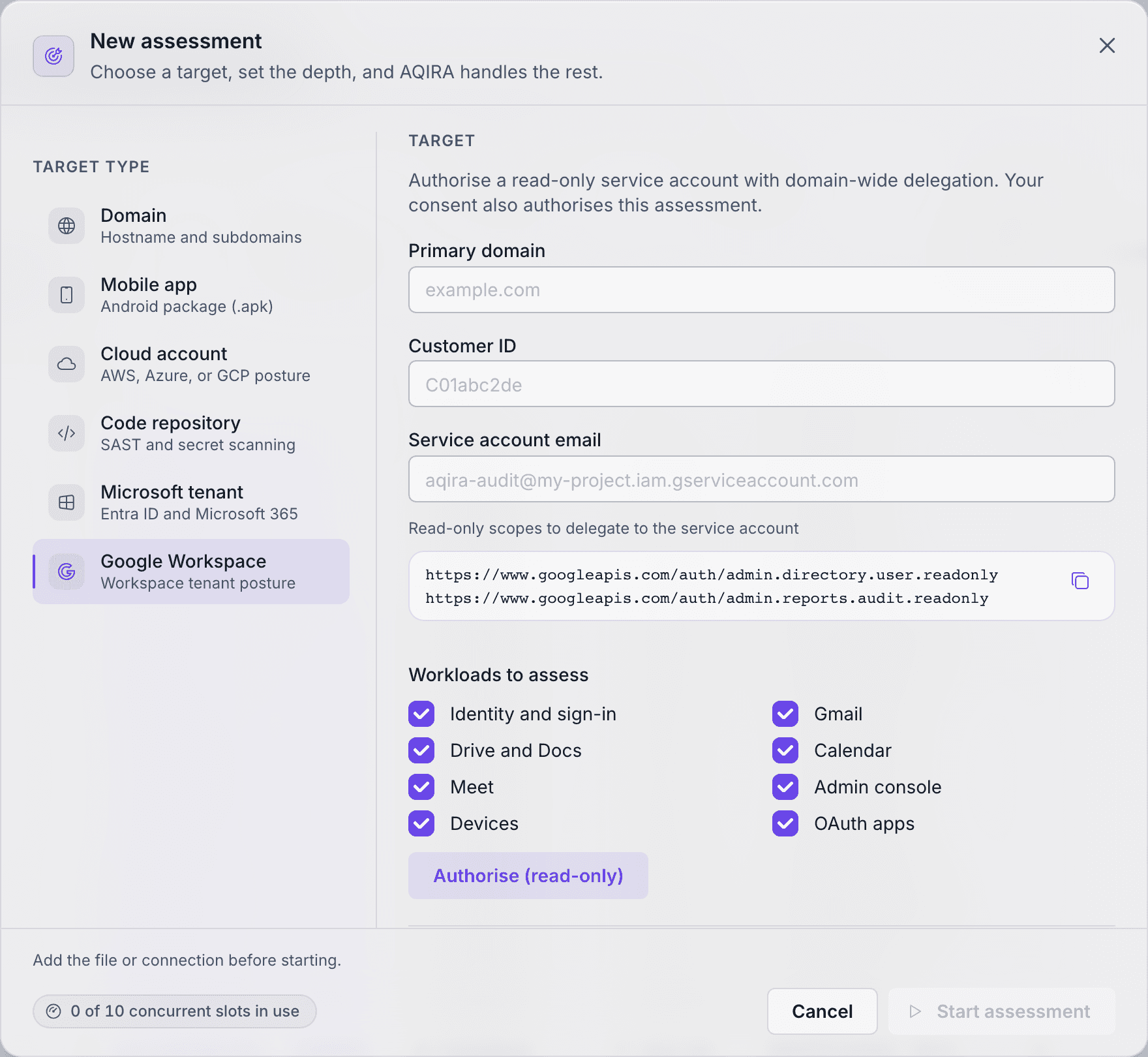 AQIRA's New assessment dialog with Google Workspace selected: the primary domain, customer ID, a read-only service account and the workloads to assess.