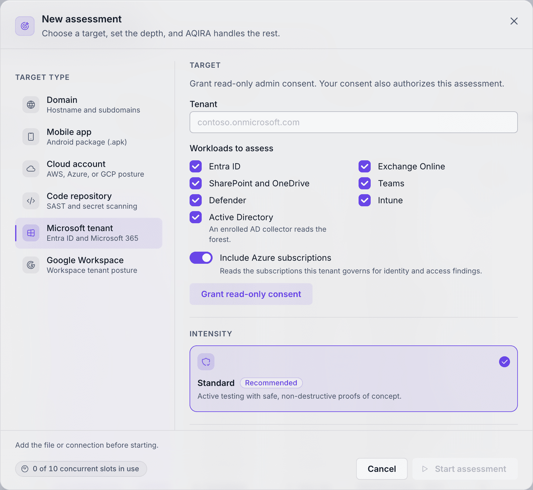 AQIRA's New assessment dialog with Microsoft tenant selected: the tenant, the workloads to assess from Entra ID to Intune, and a Grant read-only consent button.