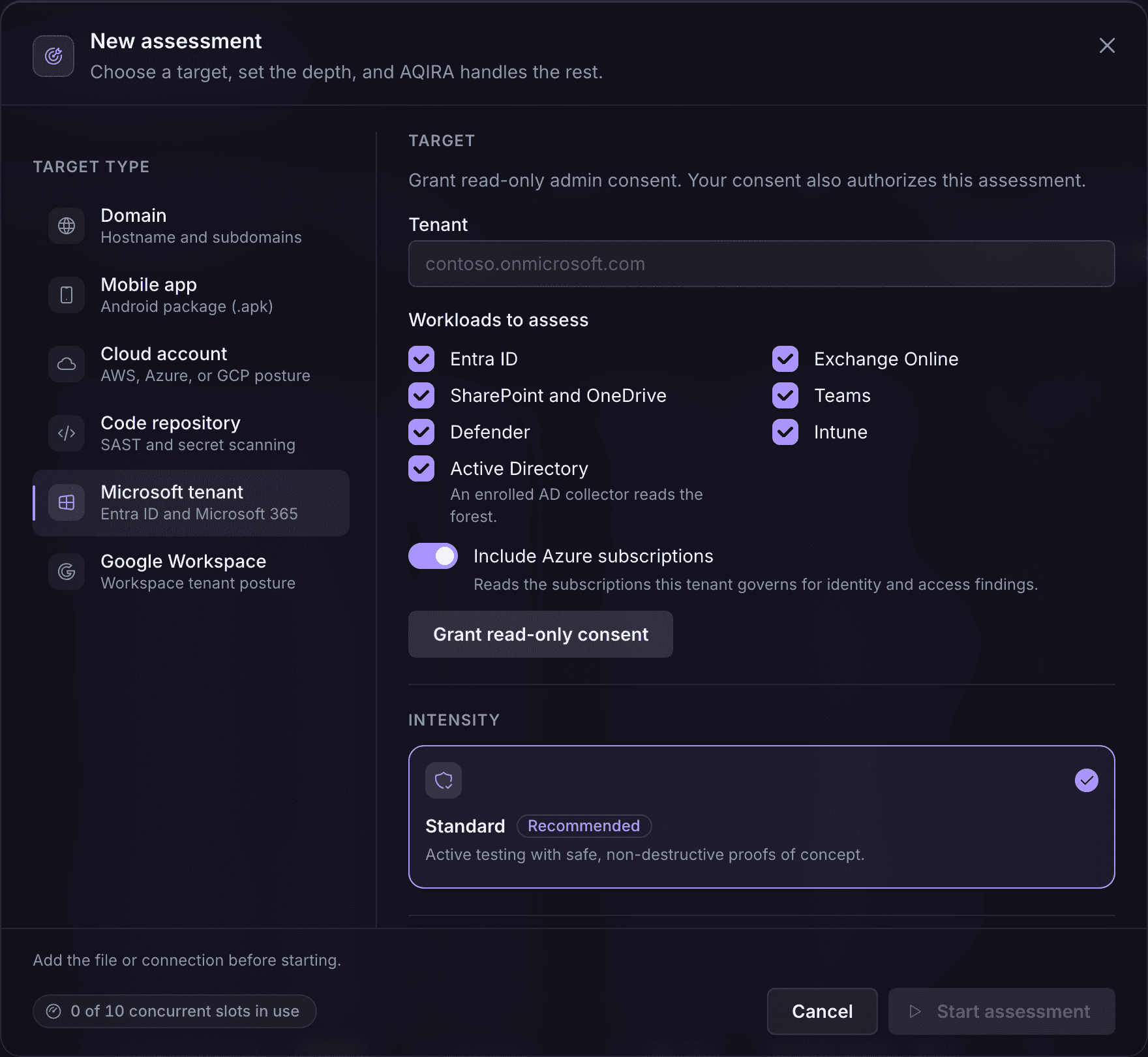 AQIRA's New assessment dialog with Microsoft tenant selected: the tenant, the workloads to assess from Entra ID to Intune, and a Grant read-only consent button.