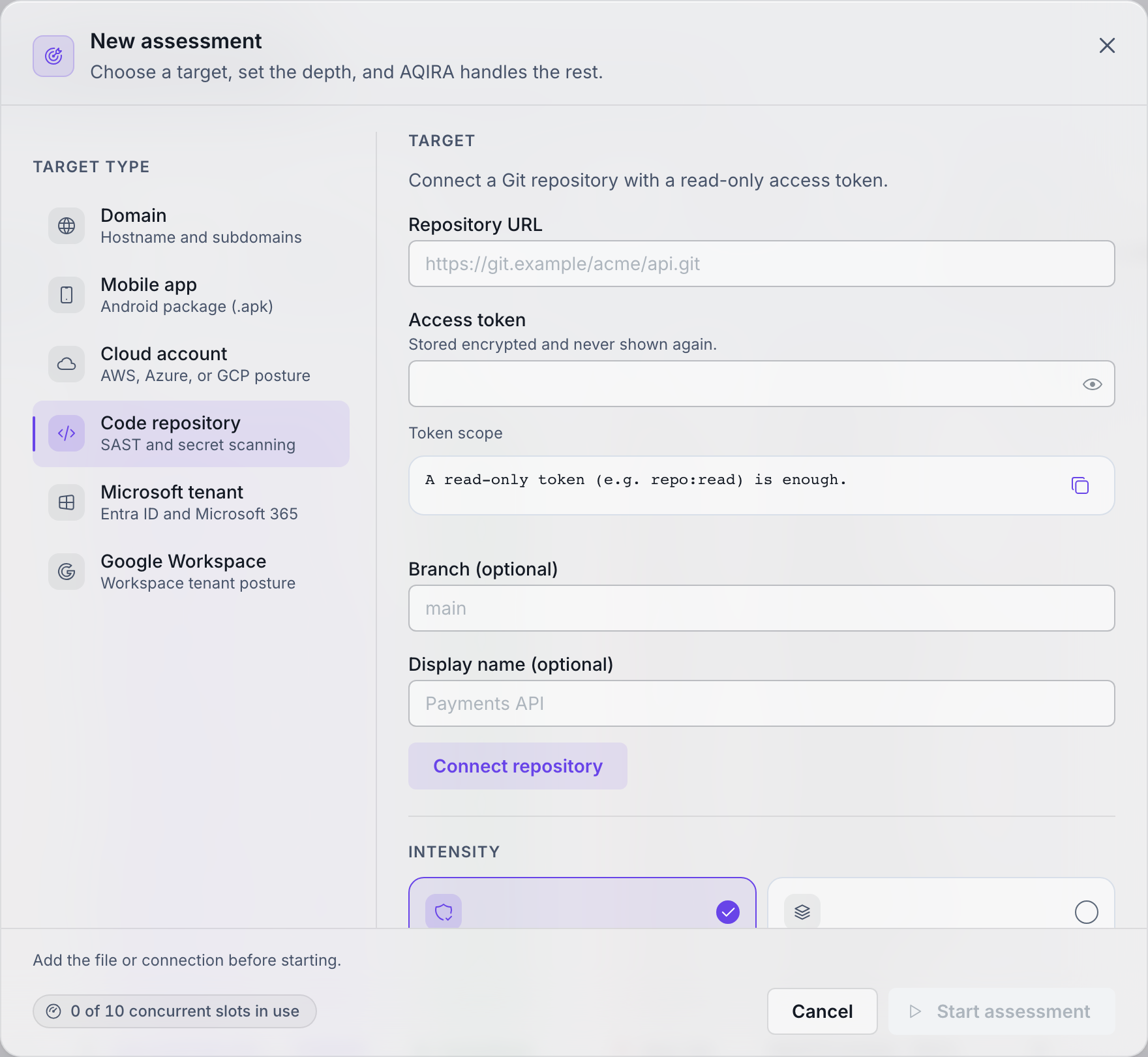 AQIRA's New assessment dialog with Code repository selected: the repository URL, a read-only access token, the branch and a Connect repository button.