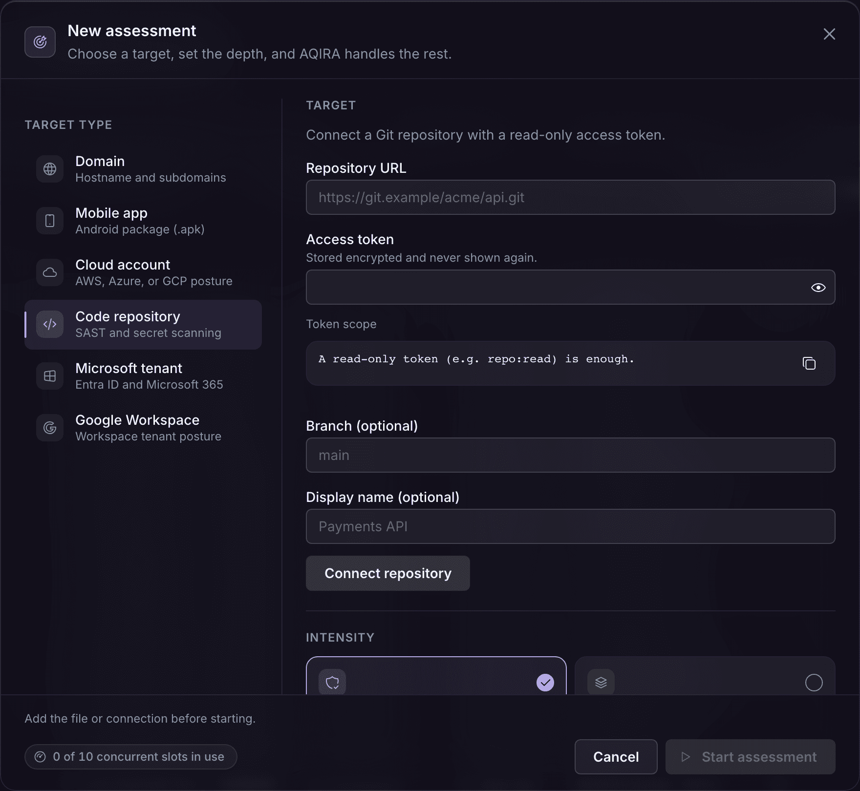 AQIRA's New assessment dialog with Code repository selected: the repository URL, a read-only access token, the branch and a Connect repository button.